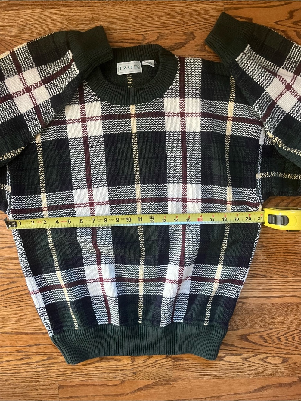 Izod Men's Dark Green Plaid Crewneck Sweater Sz. M 100% Cotton Preppy Classic - Picture 6 of 7